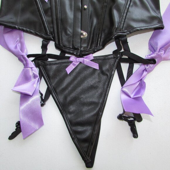 Black Pleather Purple Ribboned Corset Set - NEW - Picture 4 of 11
